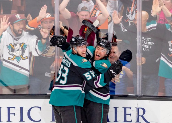 Kiefer Sherwood and Max Comtois Celebrate Anaheim Ducks Goal